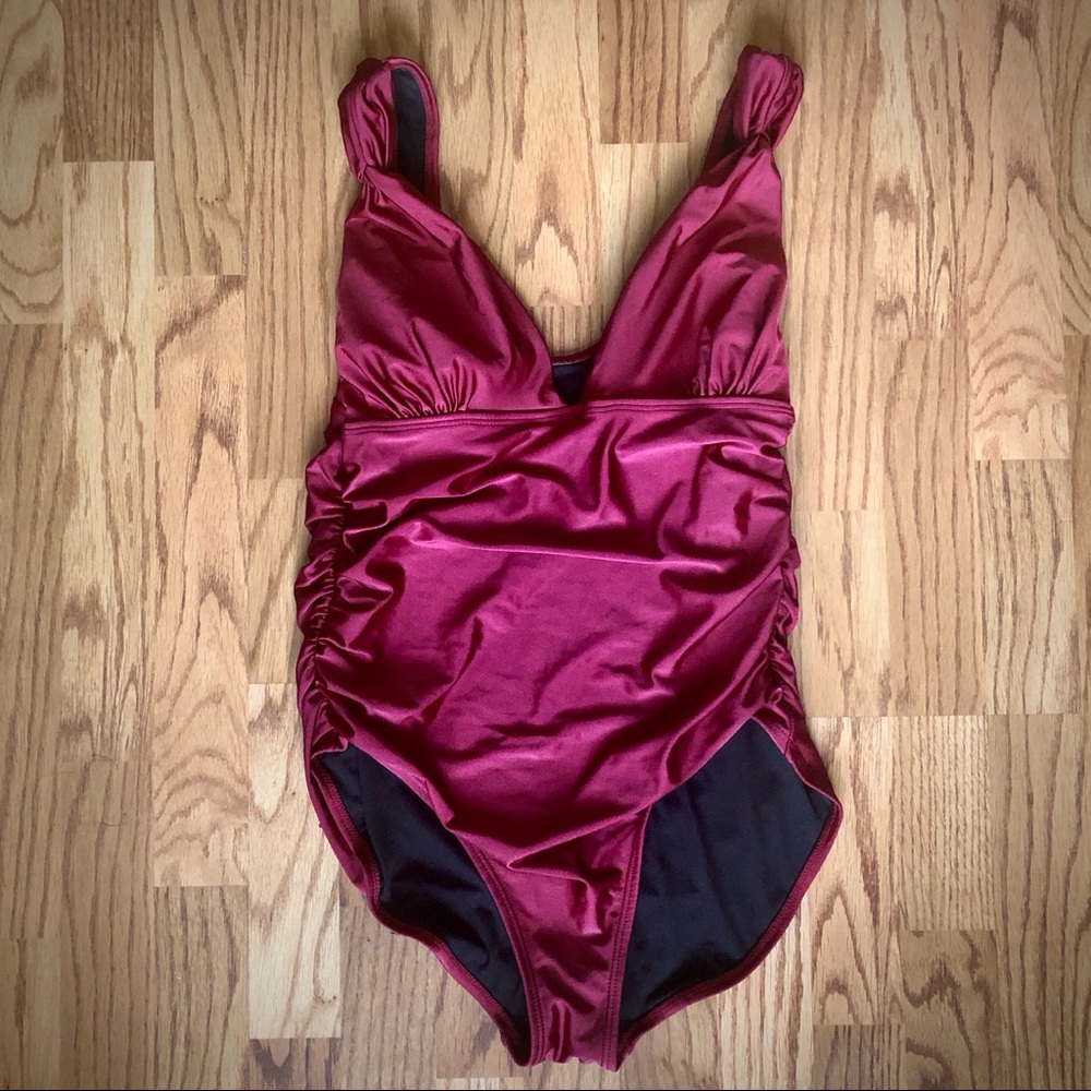 Red One Piece Swimsuit with Plunging Neckline